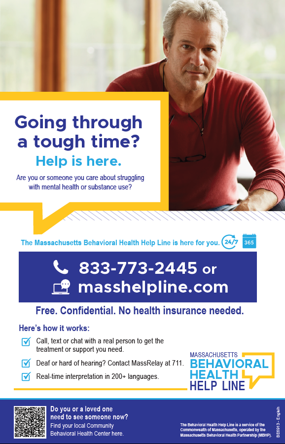 Behavioral Health Helpline Poster General Audience Massachusetts Health Promotion Clearinghouse 3597