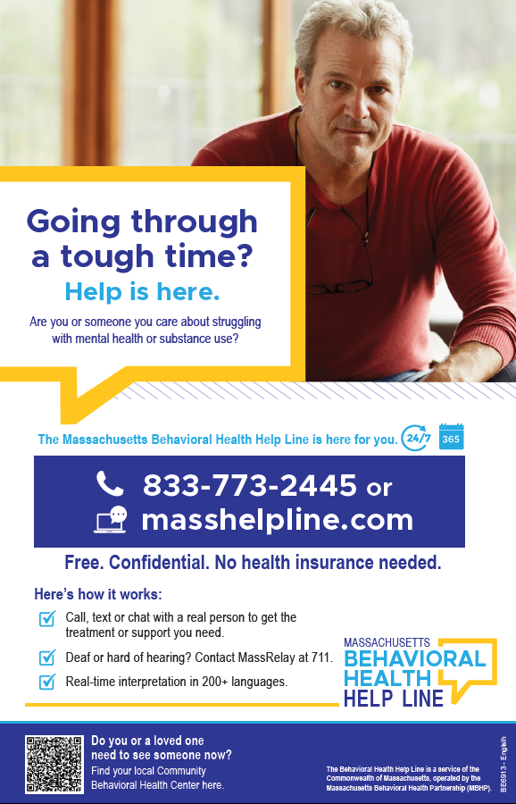 Behavioral Health Helpline Poster General Audience Massachusetts Health Promotion Clearinghouse 8124