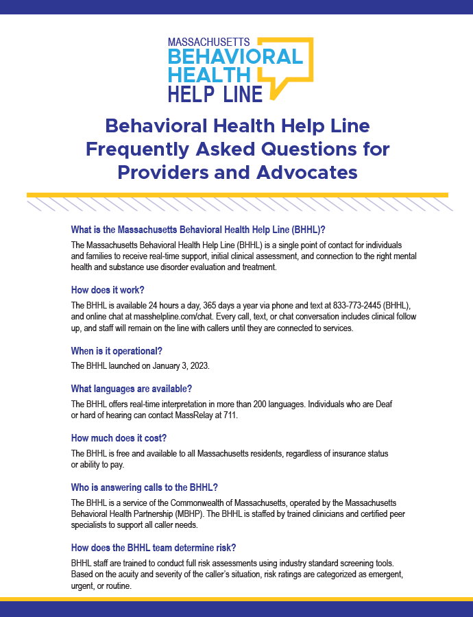 Behavioral Health Helpline Provider FAQ Fact Sheet Massachusetts