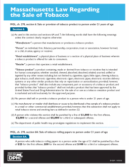 Massachusetts Law Regarding the Sale of Tobacco Sign - FOR BOARDS OF HEALTH & TOBACCO RETAILERS ONLY