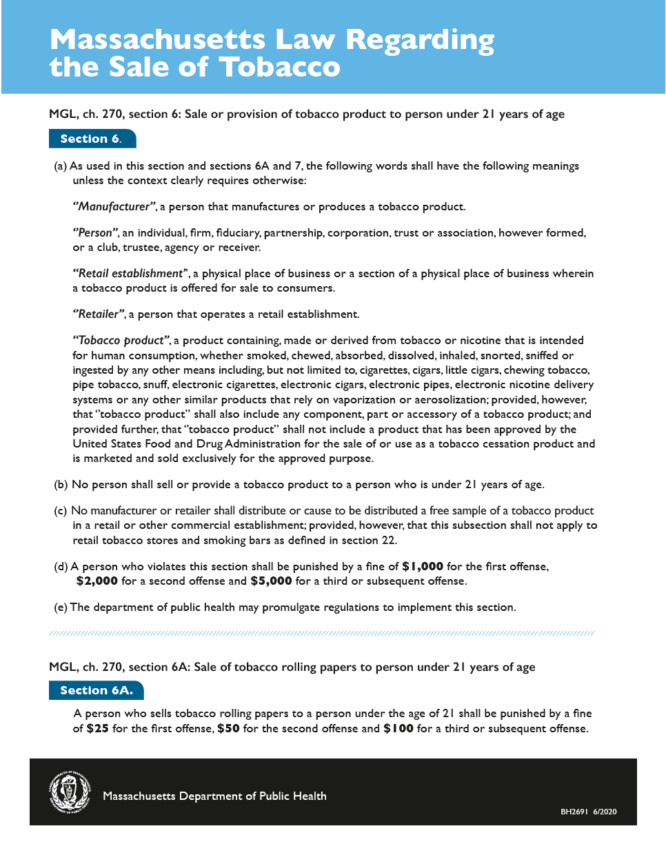 Massachusetts Law Regarding the Sale of Tobacco Sign FOR BOARDS OF